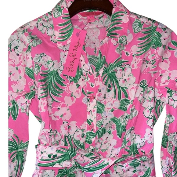 LILLY PULITZER Sz2 AMRITA 3/4 SLEEVES COTTON SHIRT DRESS ROXIE PINK 2 NWT - Picture 3 of 6